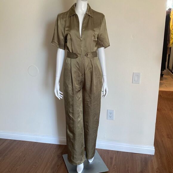 Sandro Gold Olive Green Sisteron Satin Zip Jumpsuit - Picture 3 of 16